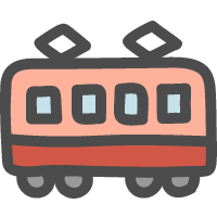 横から見た赤色の電車（鉄道）のかわいい手描きアイコン